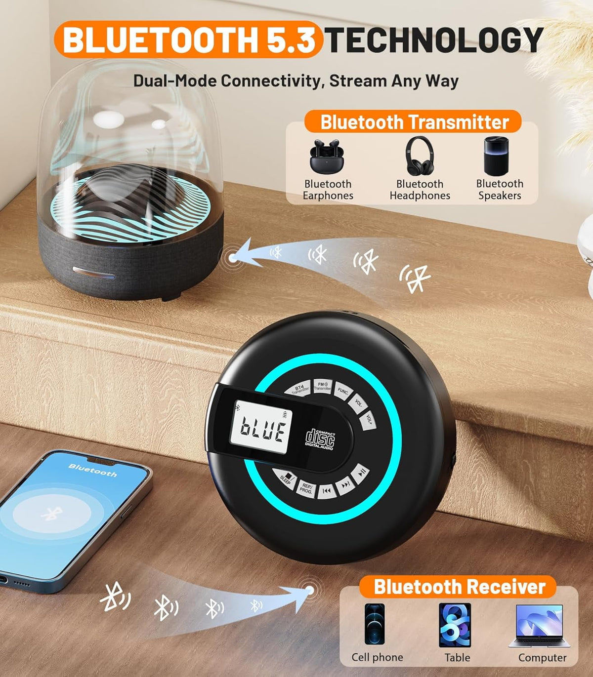 MUSICOZY Portable CD Player Bluetooth Personal CD Player with Built‑in Speakers Rechargeable Walkmans Support CD/MP3 Disc&USB Playback LCD Display Retro CD Player for Home Travel Car Student