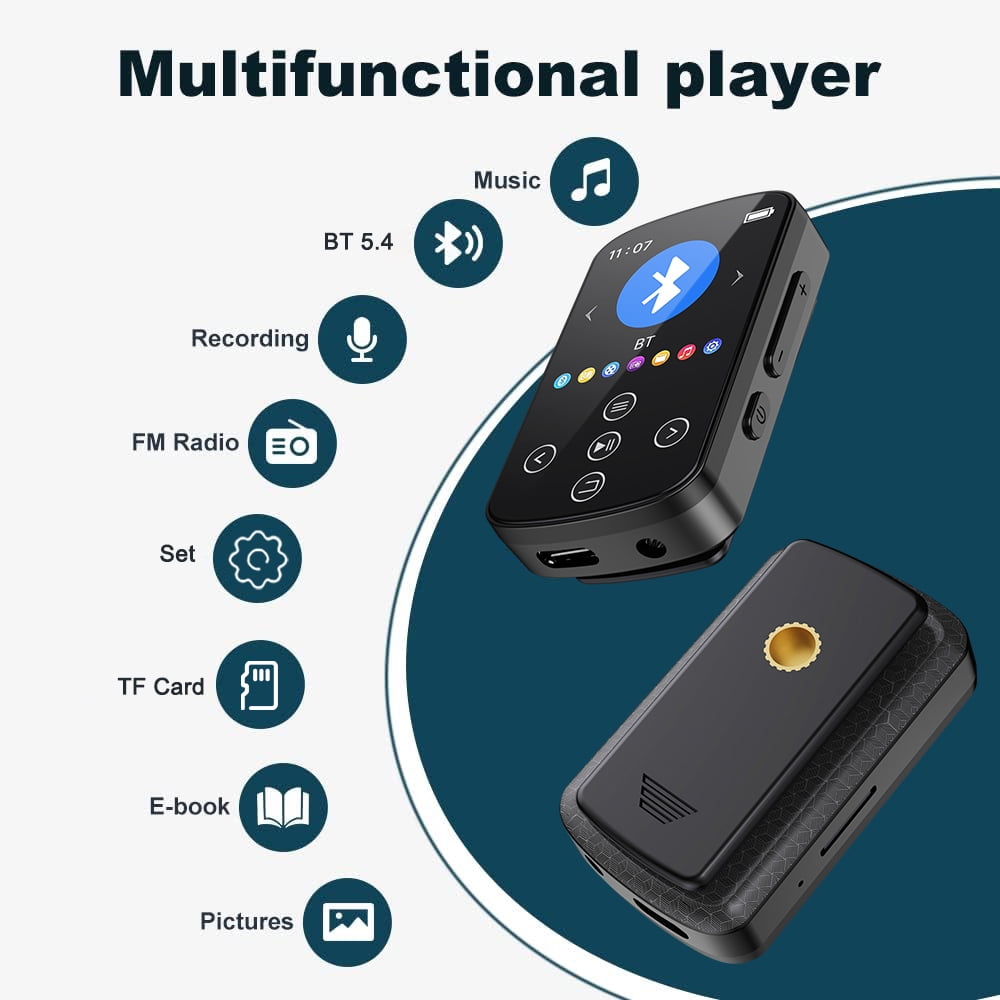 MP3 Player Bluetooth 5.4 MP4 Music Player with 32GB SD Card Portable HIFI Sports Music Player with Clip Touch Screen Button Voice Recorder FM Radio E-Book Support up to 128GB for Running Walking