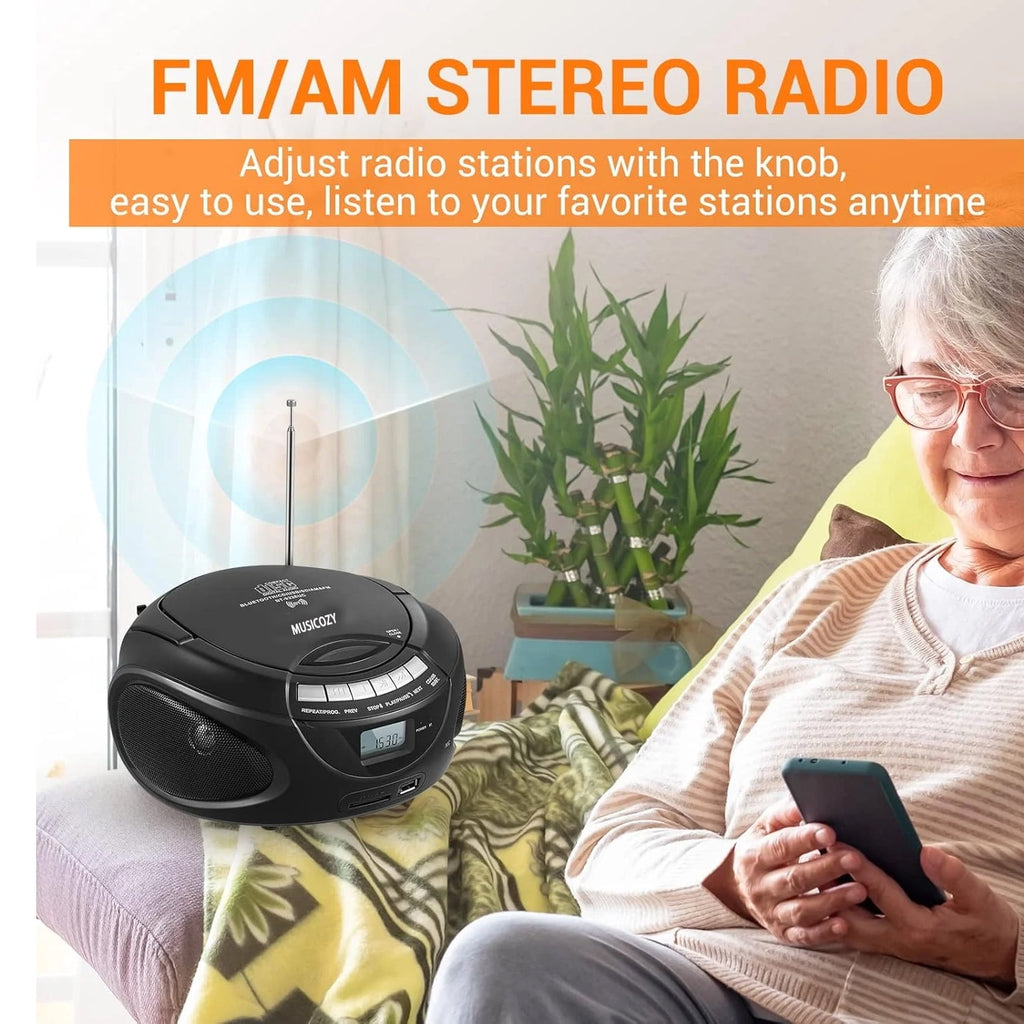 Portable CD Player Boombox with AM/FM Stereo Radio Bluetooth Speaker Players Support CD/USB/SD/BT/AUX Clear and Full Sound with Bass Boost LCD Display Headphone Jack AC/Battery Gift for Elderly