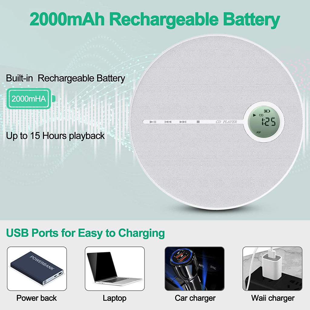 MUSICOZY Portable CD Player with Bluetooth Fabric Anti-Skip CD Player with Headphones & Dual Stereo Speakers Rechargeable A-B Repeat Player CD Speaker for Home/Travel Support CD MP3 USB AUX Input