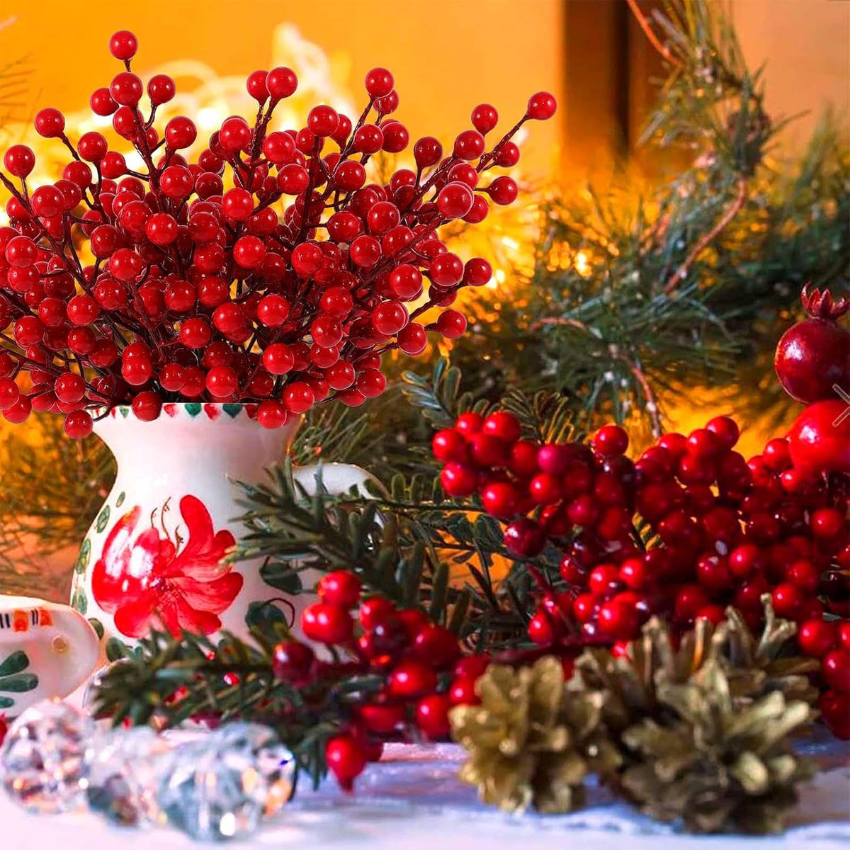 40 Pcs Artificial Berry Stems Branches Fall Halloween Faux Holly Berries Artificial Fall Flowers Accessories for Autumn Thanksgiving Wreath Christmas Tree DIY Craft Decorations Holiday Home Decor