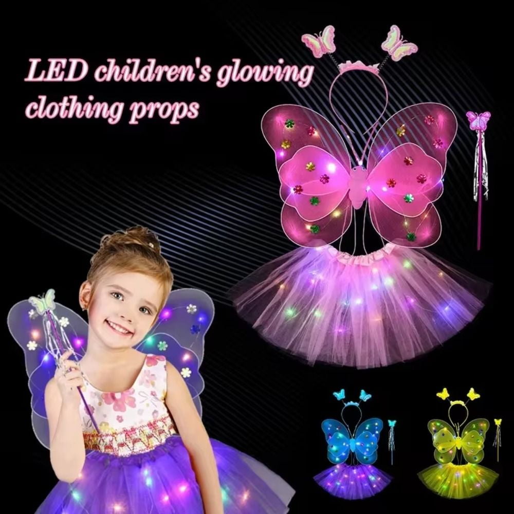 LED Children Costume Prop for Halloween Christmas Fairy Princess Kids Costume Sets Butterfly Wings Wand Headband Tutu Skirt New Year Gifts for 3 4 5 6 7 8 Years Old Girls Red with Light