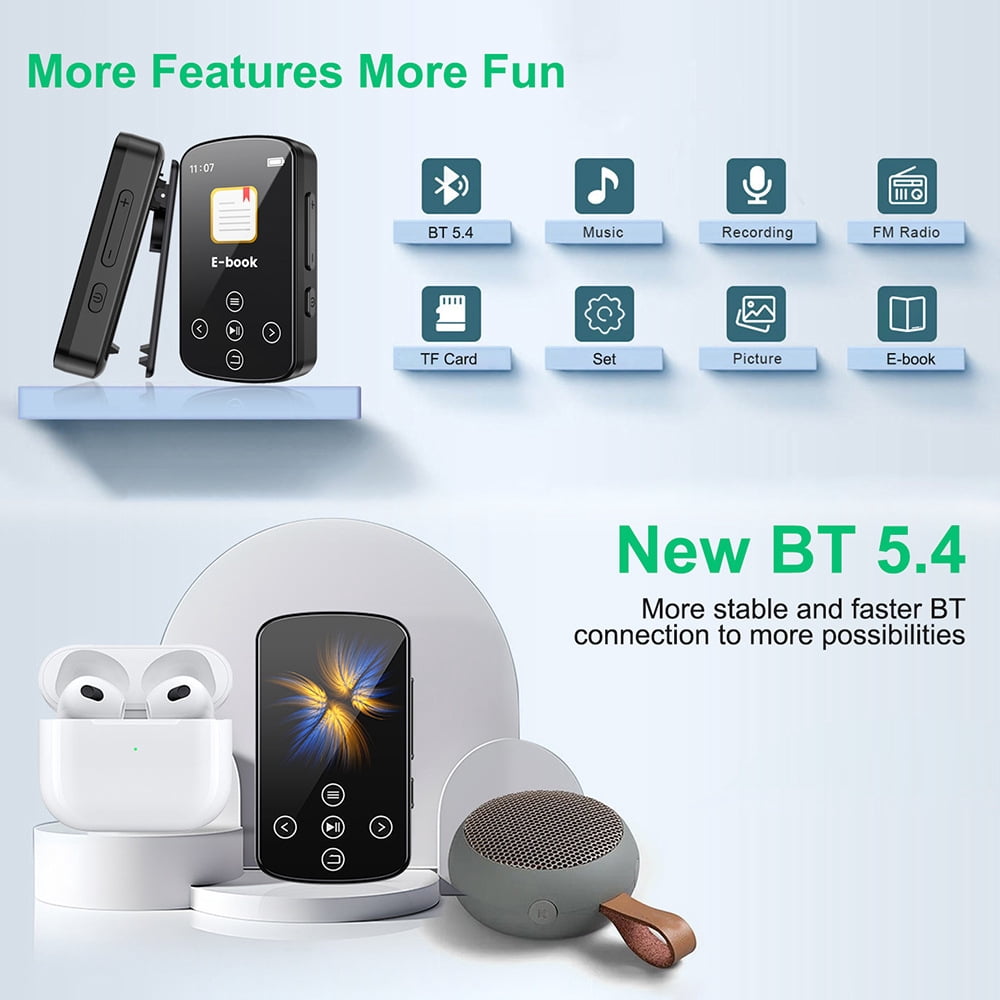 MP3 Player Bluetooth 5.4 MP4 Music Player with 32GB SD Card Portable HIFI Sports Music Player with Clip Touch Screen Button Voice Recorder FM Radio E-Book Support up to 128GB for Running Walking