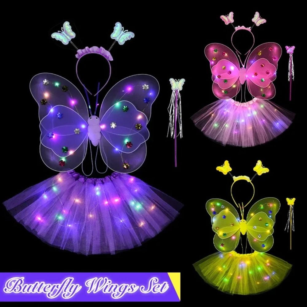 LED Children Costume Prop for Halloween Christmas Fairy Princess Kids Costume Sets Butterfly Wings Wand Headband Tutu Skirt New Year Gifts for 3 4 5 6 7 8 Years Old Girls Purple with Light
