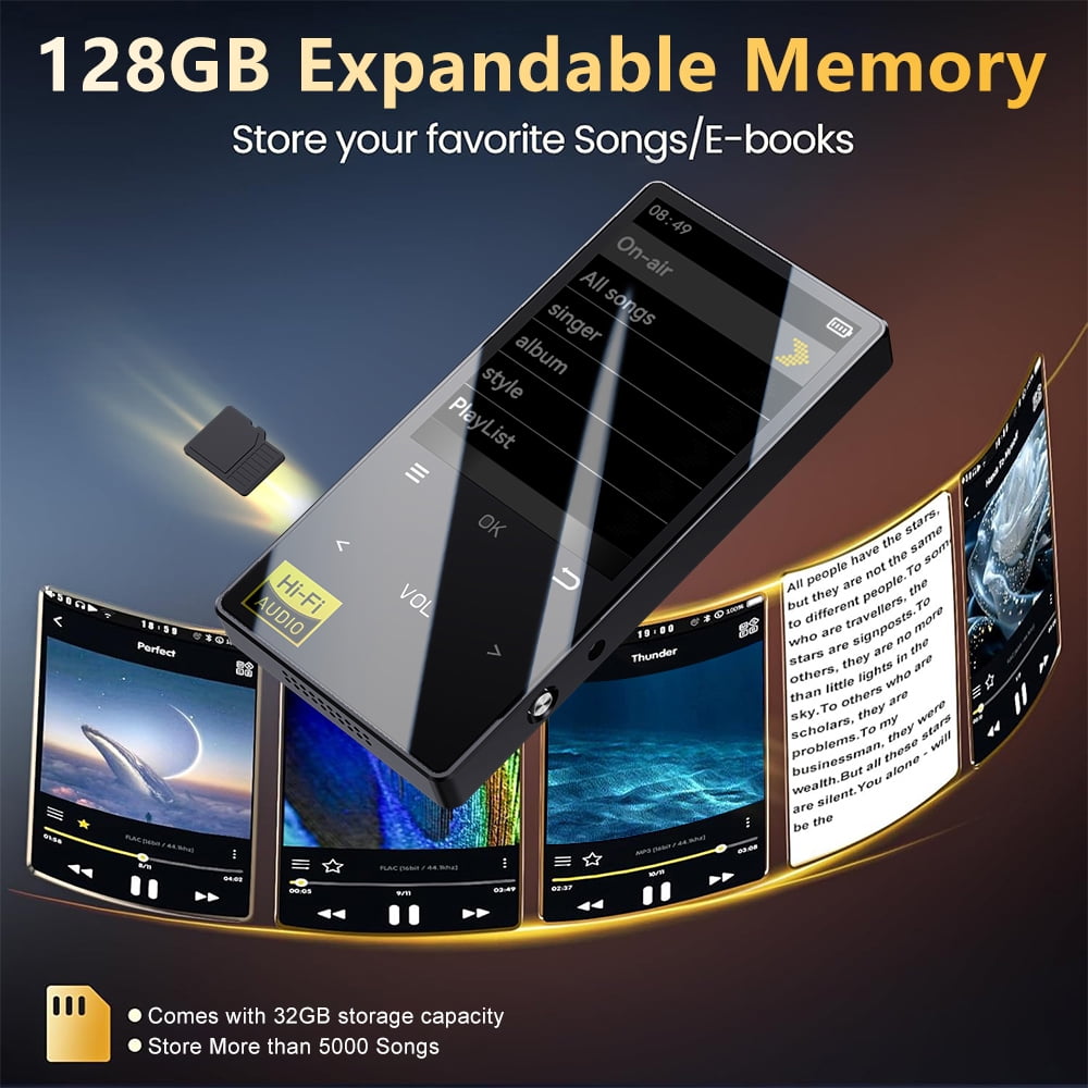 32GB MP3 Player with Bluetooth 5.4 Portable Lossless HiFi Sound Music Player with HD Speaker Digital Audio Player E-Book/Recorder/FM Radio Touch Buttons Support up to 128GB for Running Walking