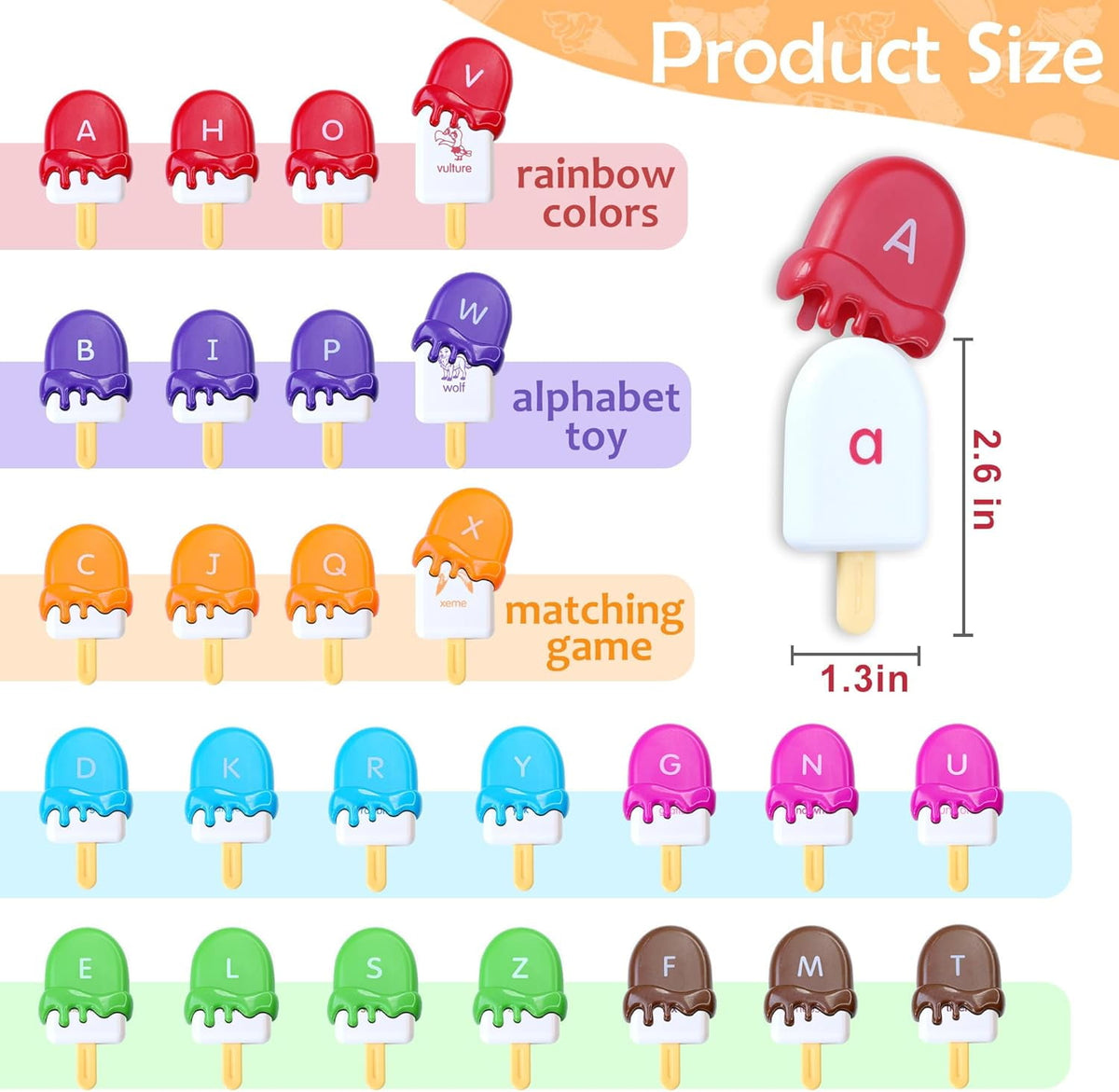 CEDQ ABC Alphabet Learning Toys for Baby 3 4 5 Alphabet Popsicles Animal Matching Toy Uppercase Lowercase Preschool Learning Activities Montessori Toys Back to School Gifts for Kids Ages 3+ 52 Pcs