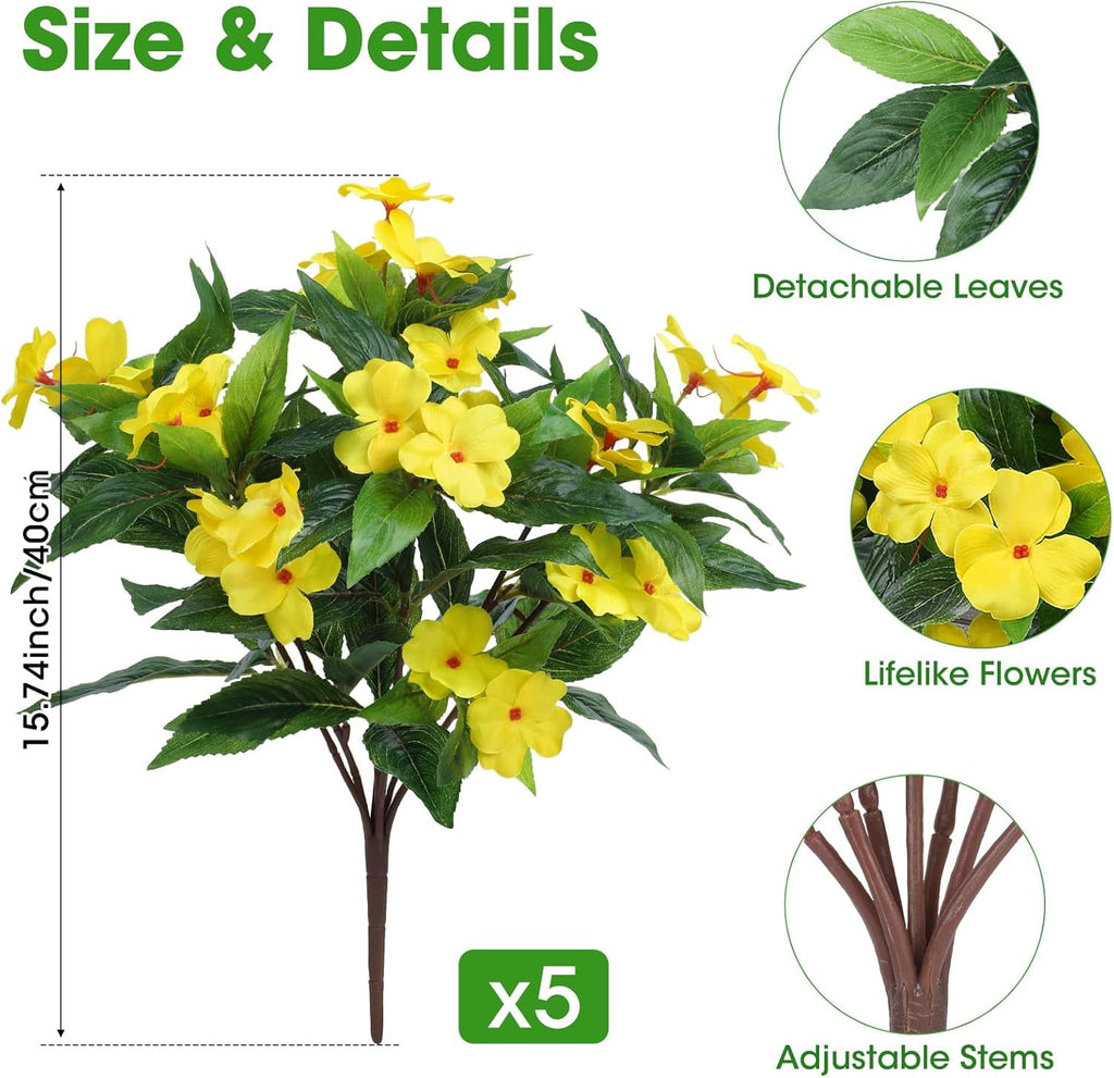 5 Pcs Artificial Flowers for Outdoors Silk Impatiens Flowers Bouquet Decorations Fake Faux Plants UV Resistant for Spring Summer Garden Porch Patio Window Box Balcony Planters Home Decor Yellow