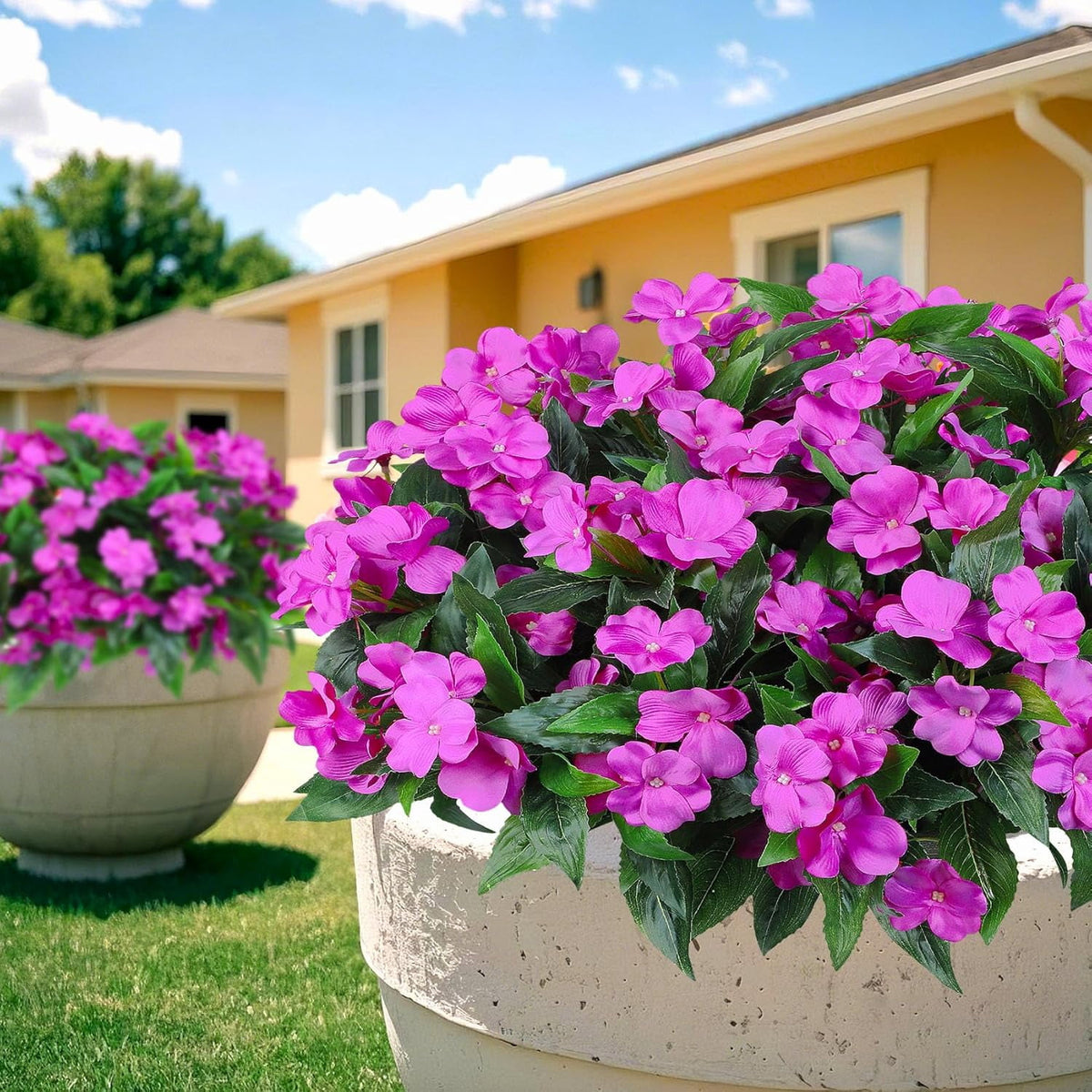 5 Pcs Artificial Flowers for Outdoors Silk Impatiens Flowers Bouquet Decorations Fake Faux Plants UV Resistant for Spring Summer Garden Porch Patio Window Box Balcony Planters Home Decor Purple