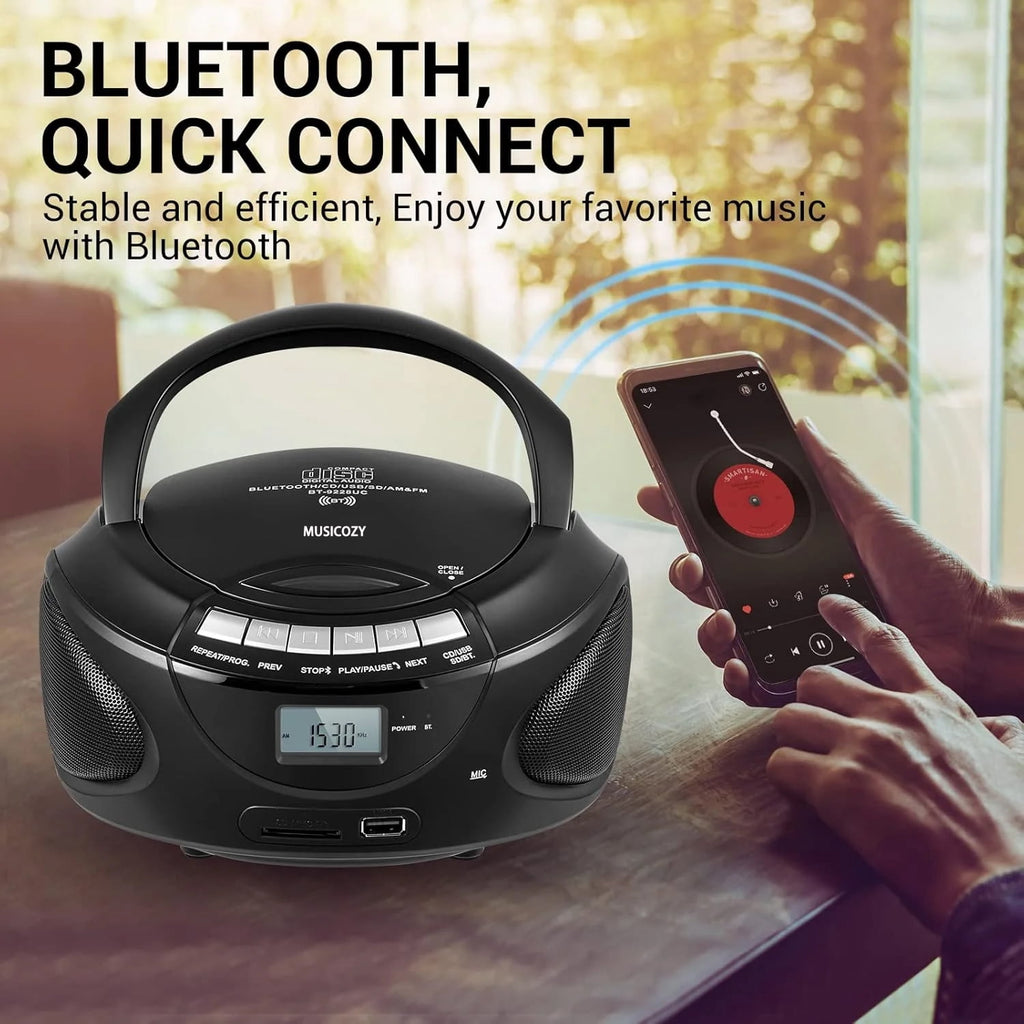 Portable CD Player Boombox with AM/FM Stereo Radio Bluetooth Speaker Players Support CD/USB/SD/BT/AUX Clear and Full Sound with Bass Boost LCD Display Headphone Jack AC/Battery Gift for Elderly
