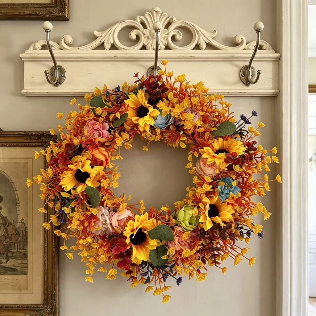 Fall Wreath Thanksgiving Decorations-18inch Fall Wreath with Sunflower Maple Leaf for Front Door - Autumn Wreath Artificial Wreaths with Flower for Thanksgiving Halloween Harvest Festival Home Decor