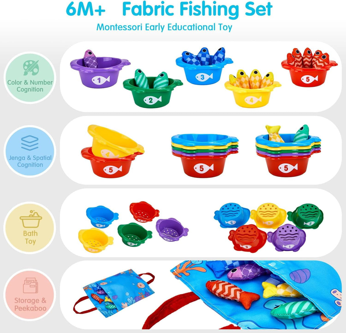 Toys for 1 Year Old Girl Boy Montessori Baby Toys 12-18 Months Cloth Fishing Game with Stacking Cups 1 Year Old Girl Boy Gifts Toddler Learning Toy 1 2 3 Year Old Baby Birthday Christmas Gifts