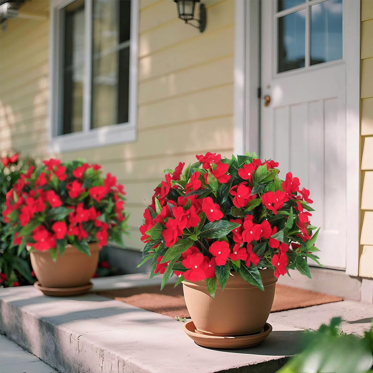5 Pcs Artificial Flowers for Outdoors Silk Impatiens Flowers Bouquet Decorations Fake Faux Plants UV Resistant for Spring Summer Garden Porch Patio Window Box Balcony Planters Home Decor Red