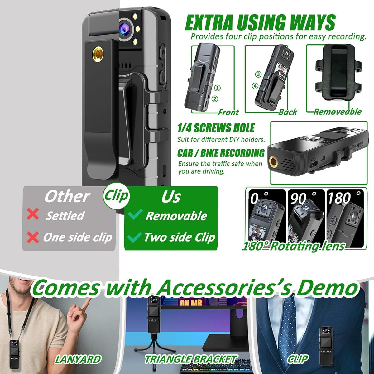 Body Camera with Audio and Video Recording HD 1080P Body Cam with 180° Rotating Lens 6HR Battery IR Cut Auto Night Vision 128GB Body Worn Camcorder for Personal Civilians Police Law Enforcement