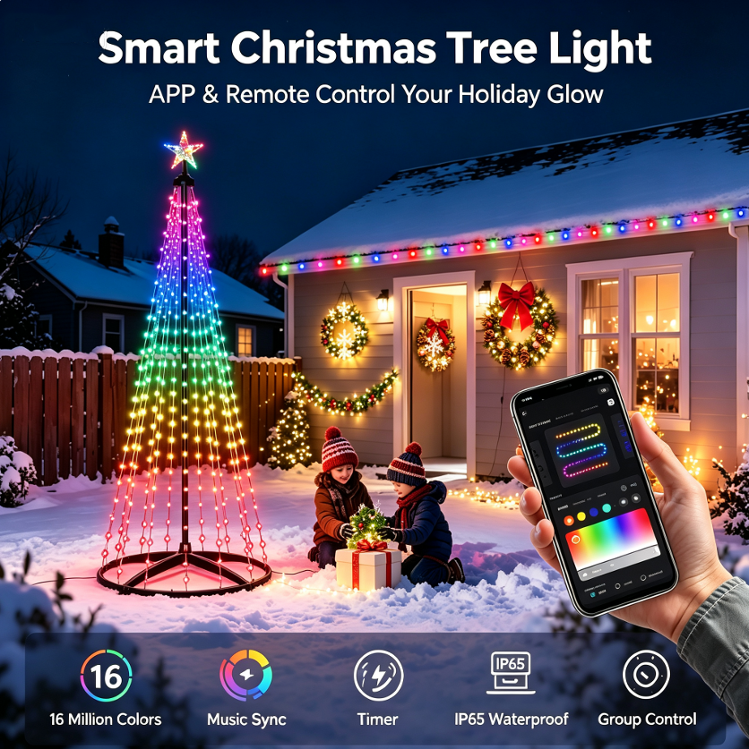 6FT Smart Christmas Tree Light IP65 RGB Christmas LED Lights 16 Mil Color Changing APP & Remote Control Music Sync Timer Group Control String Lights Xmas Decor Patio Beach Pool Cruise Party Gift