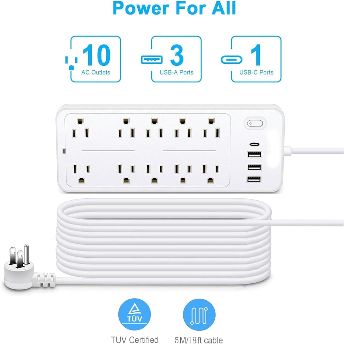 Power Strips with Surge Protection 16Awg Heavy Duty 2000W/13A 10 Outlets with 4 USB Ports (1 USB C) Extension Cord with Multiple Outlets 14-in-1 Flat Plug Power Strip Protector for Home Office White