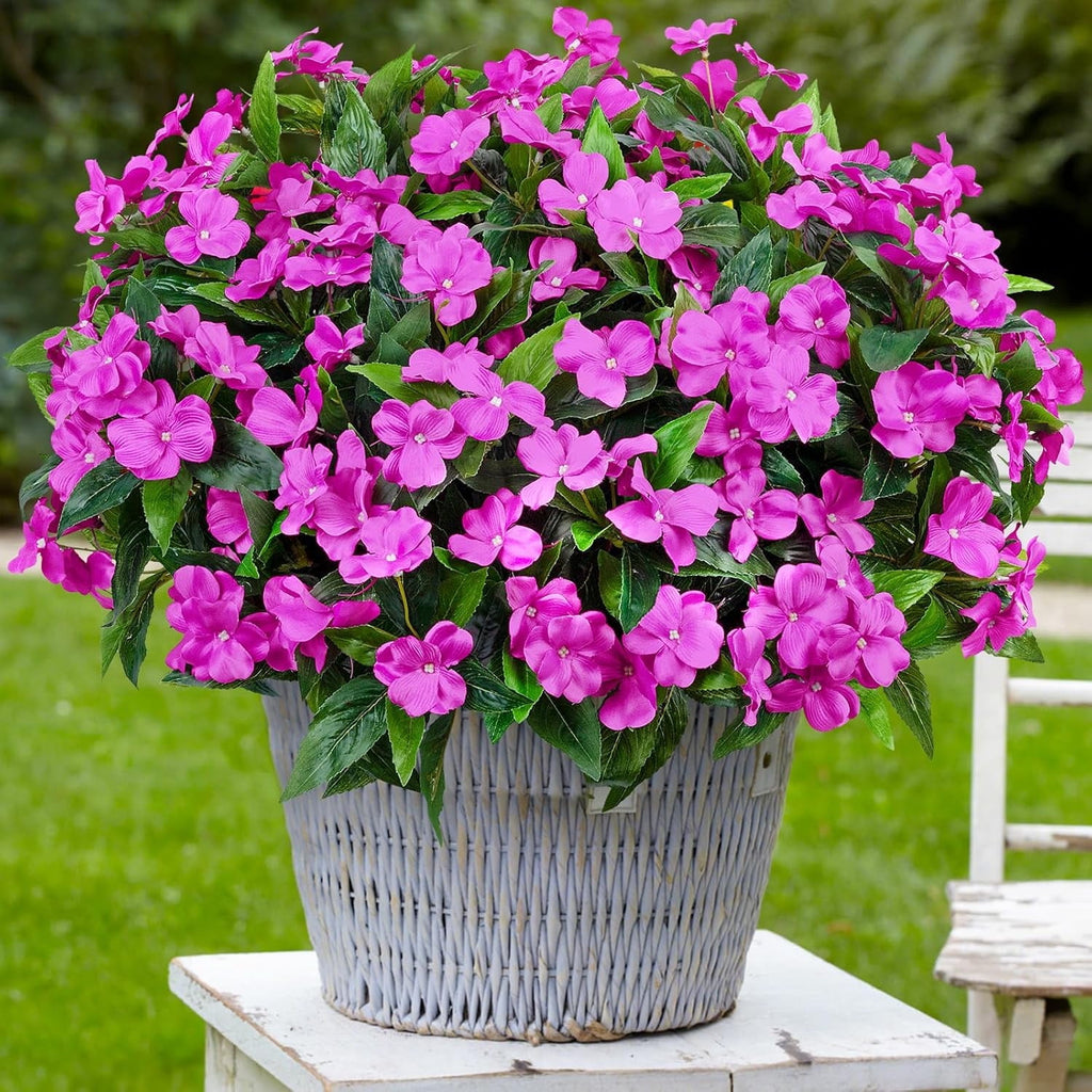5 Pcs Artificial Flowers for Outdoors Silk Impatiens Flowers Bouquet Decorations Fake Faux Plants UV Resistant for Spring Summer Garden Porch Patio Window Box Balcony Planters Home Decor Purple