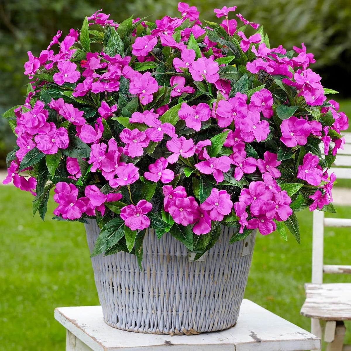 5 Pcs Artificial Flowers for Outdoors Silk Impatiens Flowers Bouquet Decorations Fake Faux Plants UV Resistant for Spring Summer Garden Porch Patio Window Box Balcony Planters Home Decor Purple