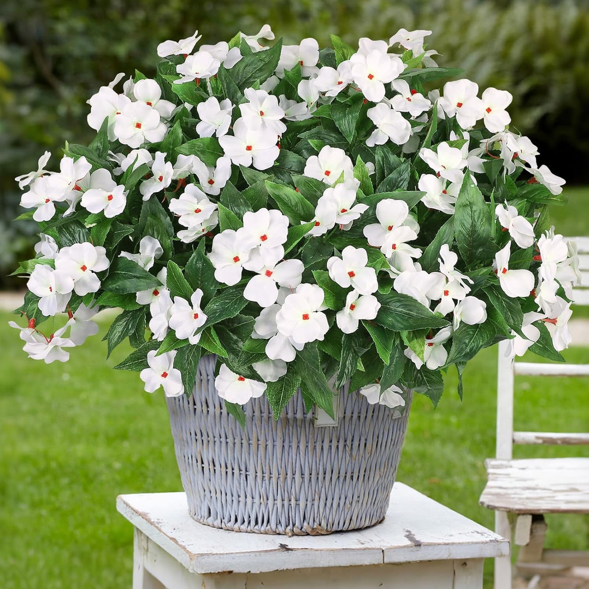5 Pcs Artificial Flowers for Outdoors Silk Impatiens Flowers Bouquet Decorations Fake Faux Plants UV Resistant for Spring Summer Garden Porch Patio Window Box Balcony Planters Home Decor White