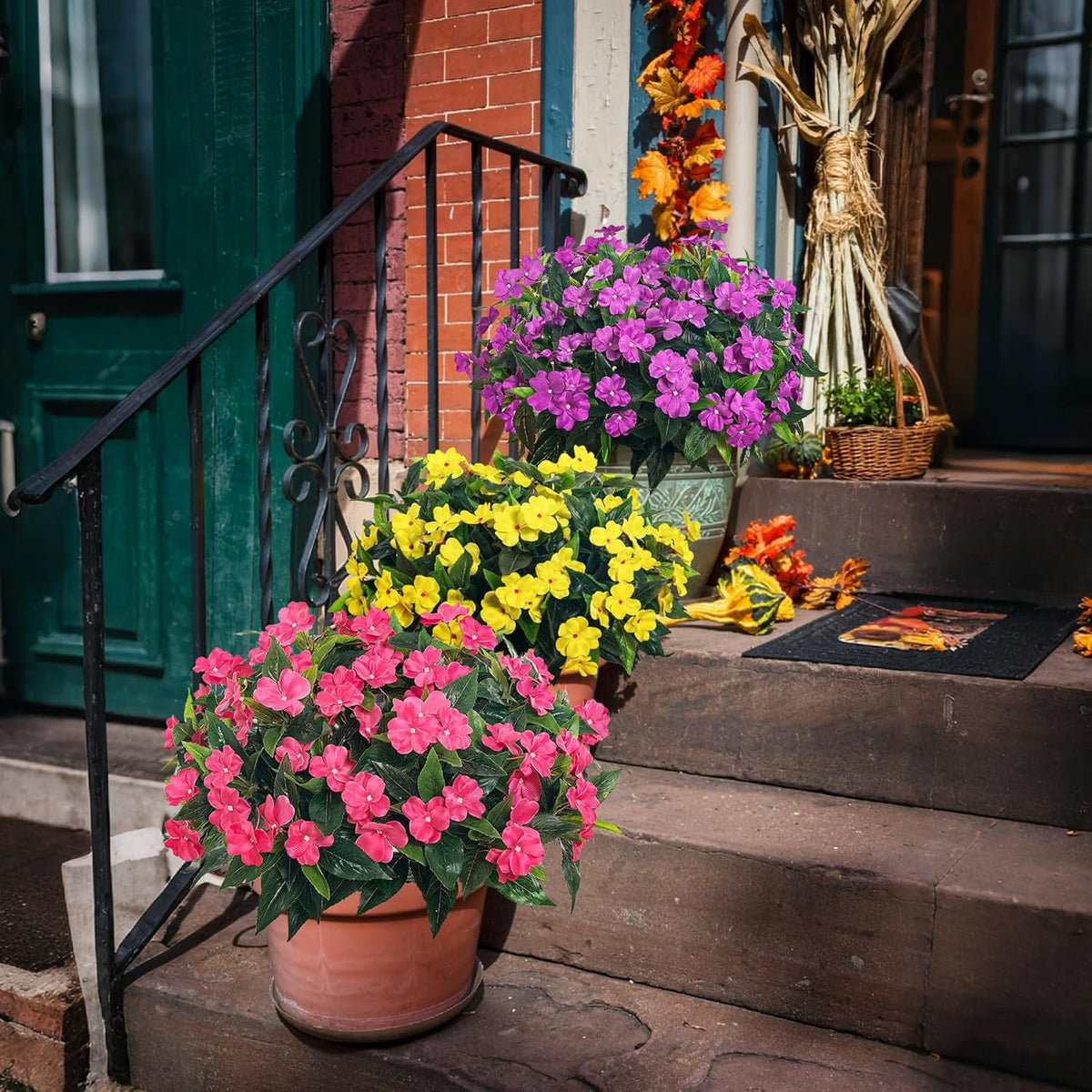 5 Pcs Artificial Flowers for Outdoors Silk Impatiens Flowers Bouquet Decorations Fake Faux Plants UV Resistant for Spring Summer Garden Porch Patio Window Box Balcony Planters Home Decor Rose