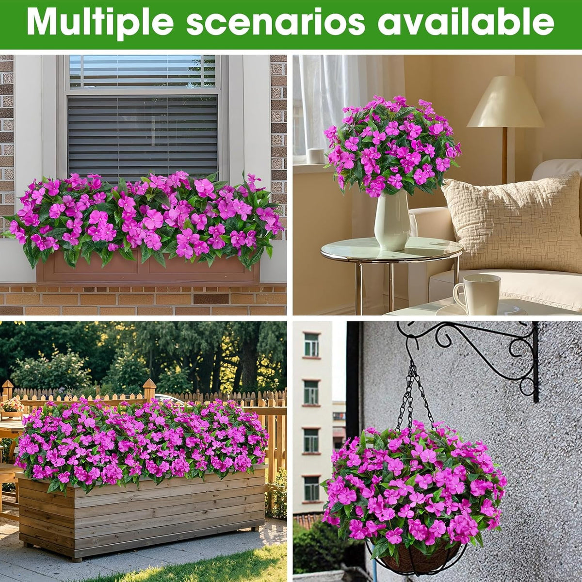 5 Pcs Artificial Flowers for Outdoors Silk Impatiens Flowers Bouquet Decorations Fake Faux Plants UV Resistant for Spring Summer Garden Porch Patio Window Box Balcony Planters Home Decor Purple