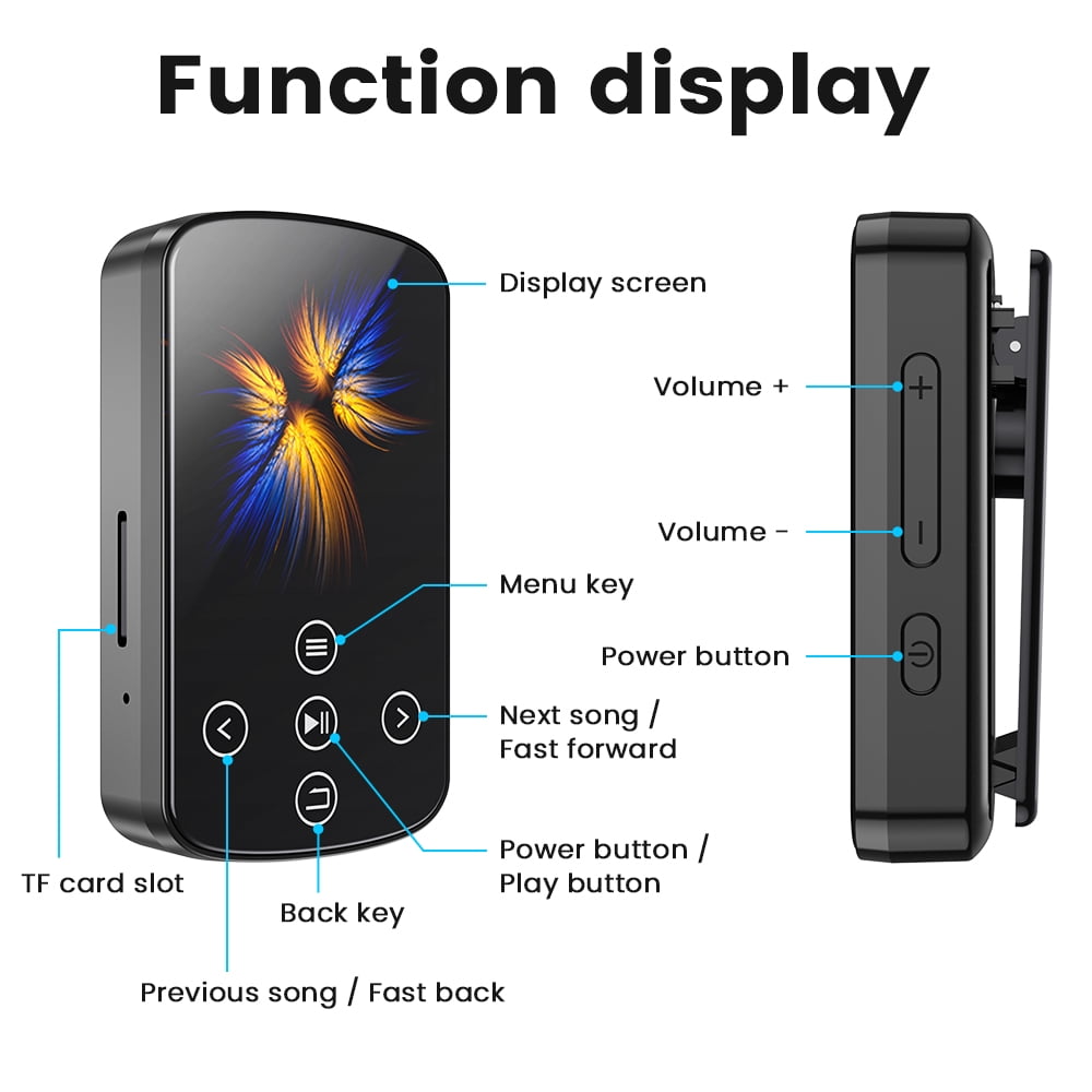 MP3 Player Bluetooth 5.4 MP4 Music Player with 32GB SD Card Portable HIFI Sports Music Player with Clip Touch Screen Button Voice Recorder FM Radio E-Book Support up to 128GB for Running Walking