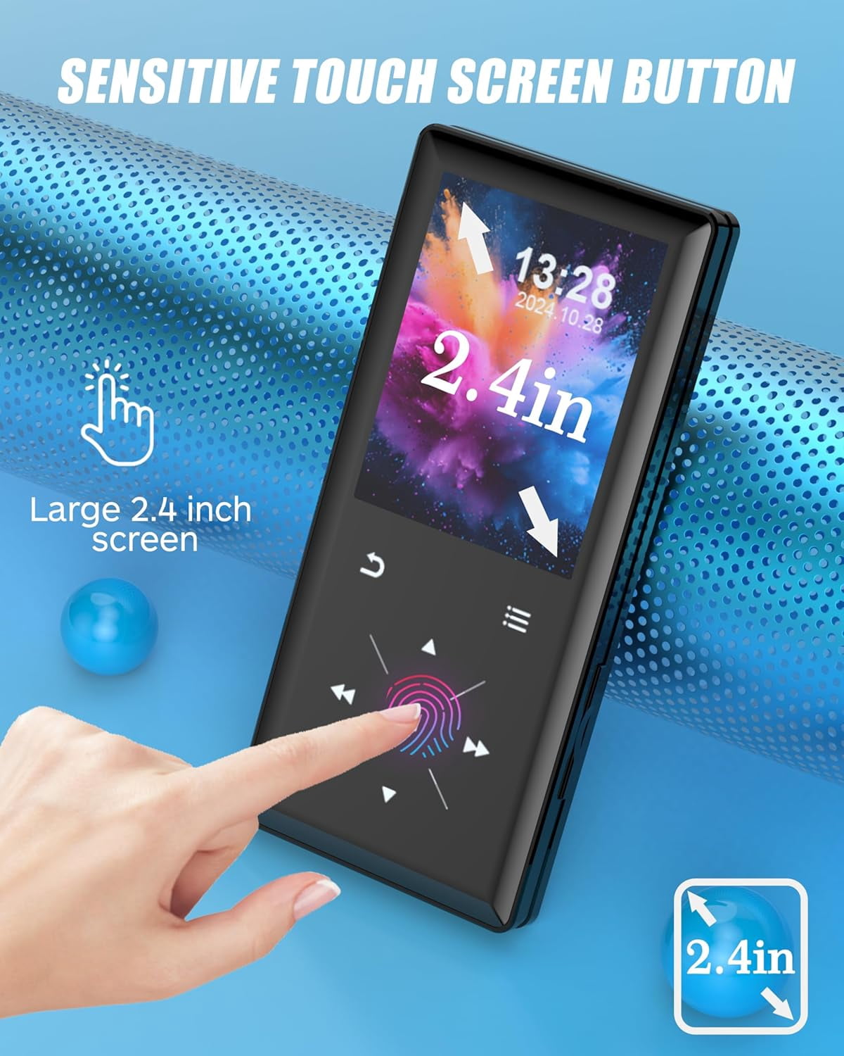96GB Bluetooth MP3 Player - 2.4 Screen Portable HiFi Mp3 MP4 Player with Built-in Speaker Walkmen Music Player with Voice Recorder FM Radio Touch Buttons Study Player Support up to 256GB SD Card