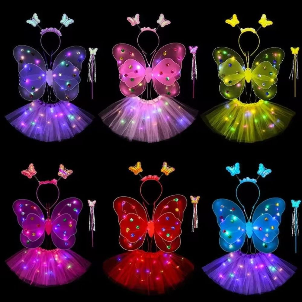 LED Children Costume Prop for Halloween Christmas Fairy Princess Kids Costume Sets Butterfly Wings Wand Headband Tutu Skirt New Year Gifts for 3 4 5 6 7 8 Years Old Girls Purple with Light