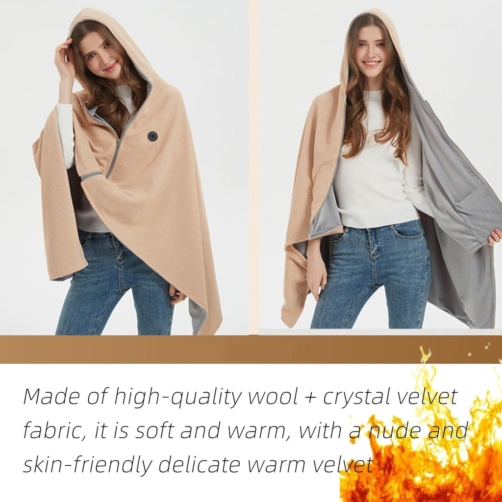 Heated Shawl Wrap Portable Electric Heated Shawl Fast Heating USB Blanket Shawl with 3 Heating Levels Soft Zipper Hooded Blanket Shawls for Women Men Home Outdoor Office Use Gifts (No power bank)