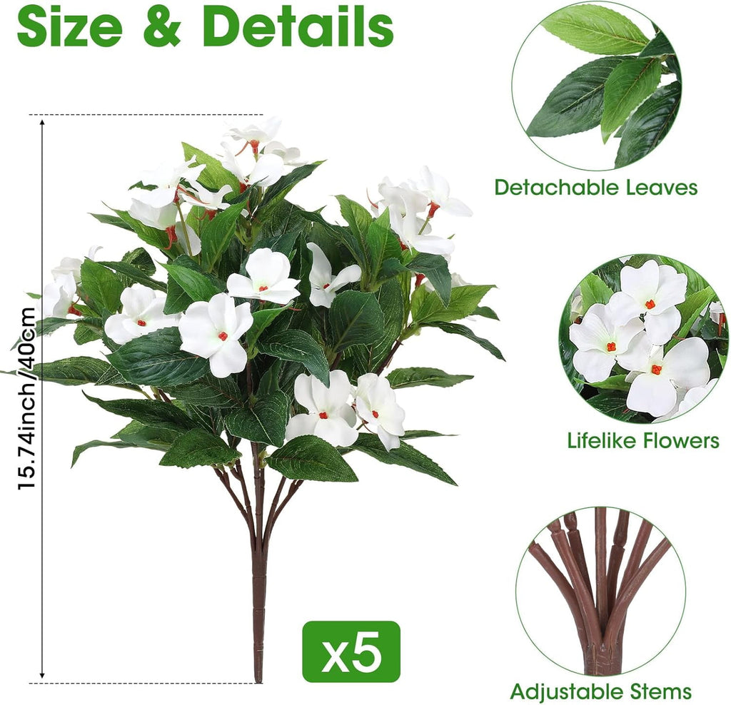5 Pcs Artificial Flowers for Outdoors Silk Impatiens Flowers Bouquet Decorations Fake Faux Plants UV Resistant for Spring Summer Garden Porch Patio Window Box Balcony Planters Home Decor White