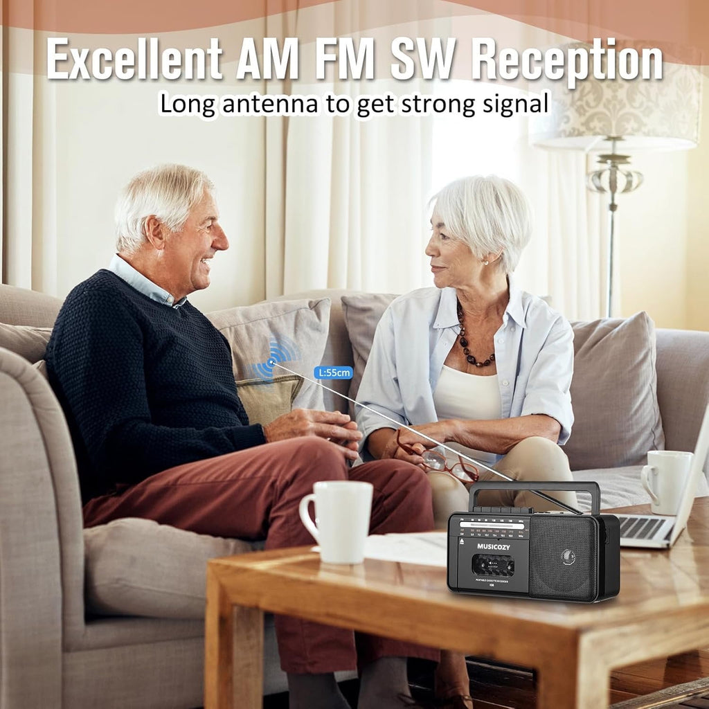 Cassette Tape Player Bluetooth Boombox Cassette Player AM/FM/SW Radio Stereo Tape Player/Recorder with Big Speaker and Earphone Jack USB/TF Card Player AC Powered or Battery Operated Black