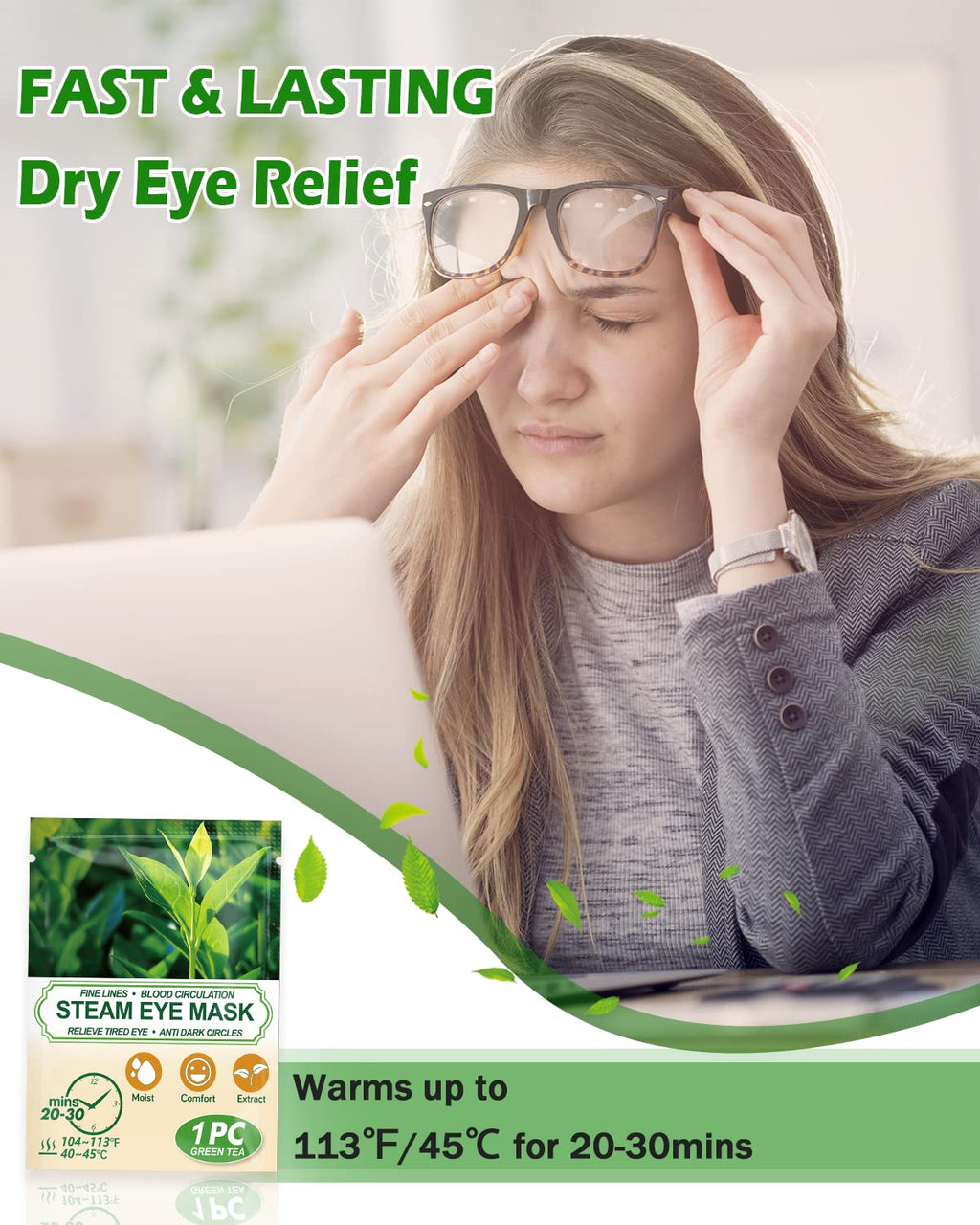16 Packs Steam Eye Masks for Dry Eyes  Green Tea Warm Eye Mask  Relief Eye Fatigue Hot Sleep Eye Mask for Puffy Eyes Mask  Disposable Moist Heating Compress Pads for Sleeping  Self Heated Eye Mask