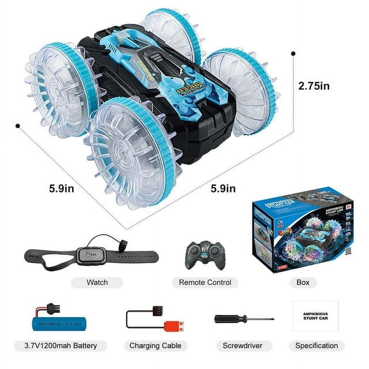 Amphibious Remote Control Cars Toys Amphibious Waterproof 4WD RC Stunt Car Toys for Kids 2.4 GHz 360° Rotating RC Drift Cars with LED Light Toy Cars Gifts for 3-12 Year Old Boys Girls Blue