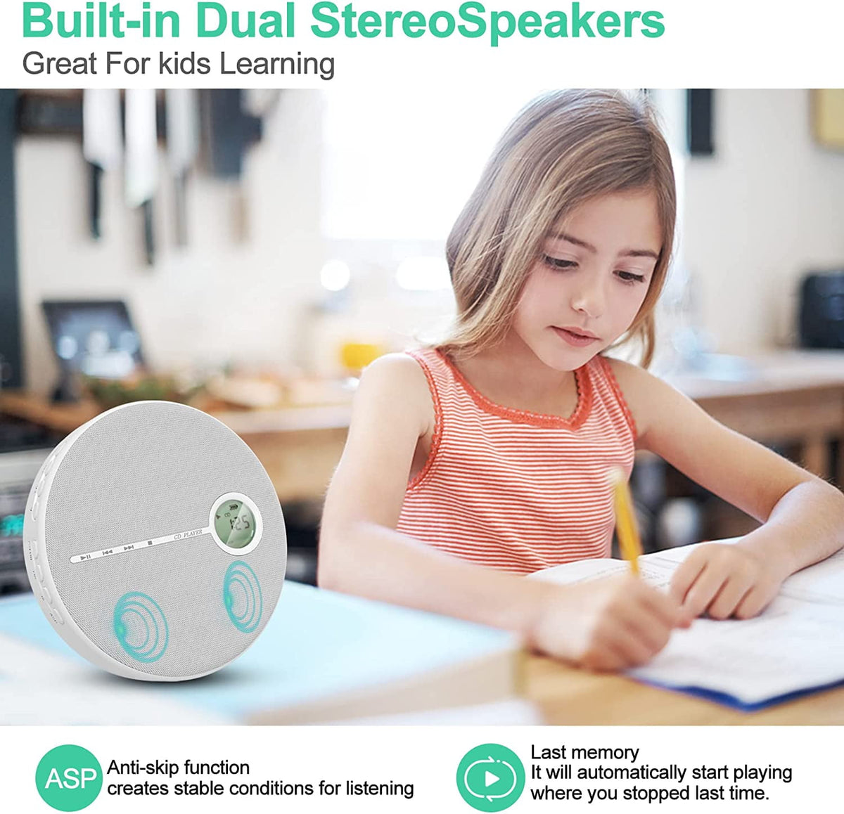 MUSICOZY Portable CD Player with Bluetooth Fabric Anti-Skip CD Player with Headphones & Dual Stereo Speakers Rechargeable A-B Repeat Player CD Speaker for Home/Travel Support CD MP3 USB AUX Input