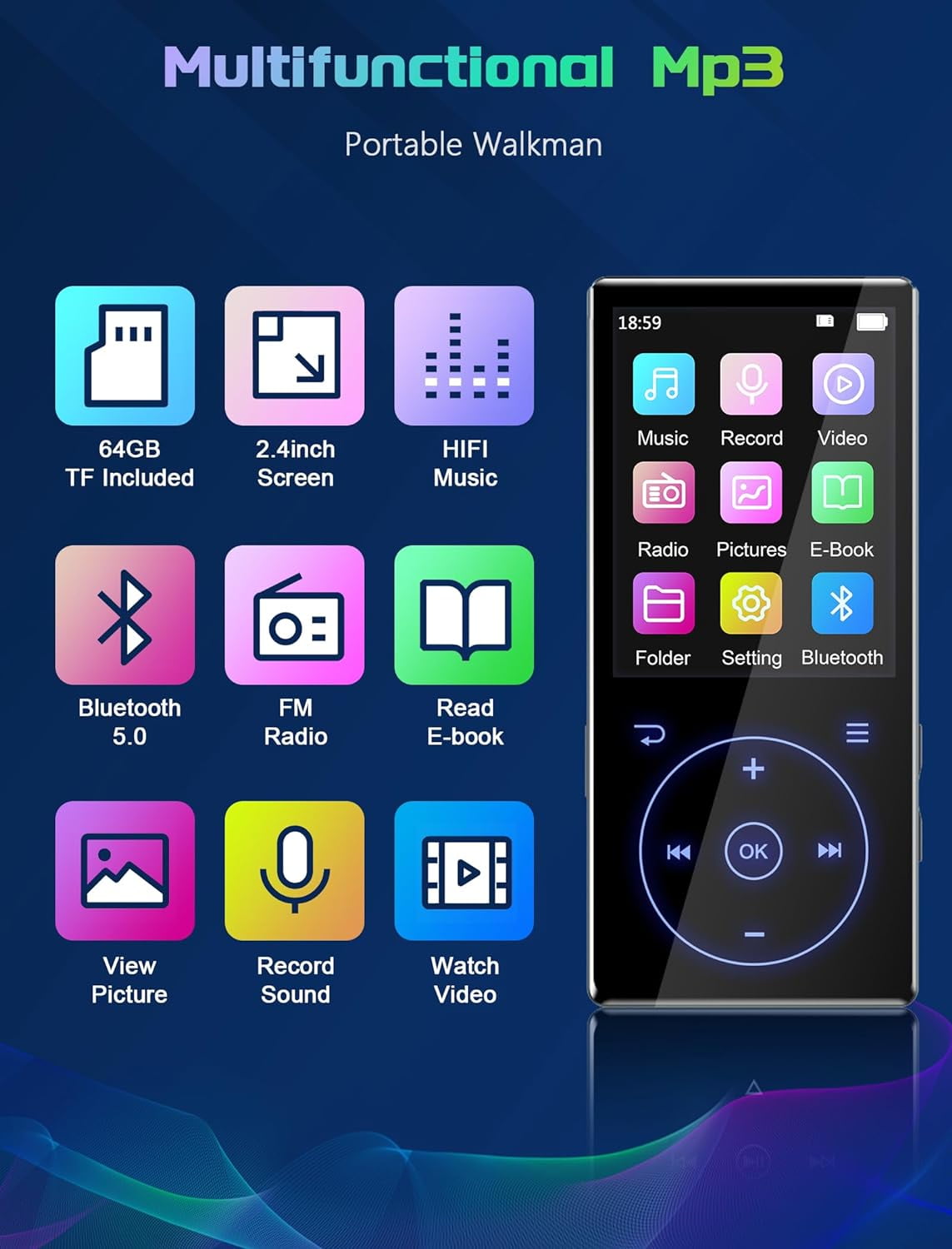 MUSICOZY 96GB MP3 Player with Bluetooth 5.0: Portable Lossless Sound Music Player with HD Speaker 2.4 Screen Voice Recorder FM Radio Touch Buttons 32G Storage+Support up to 64GB for Running Walking