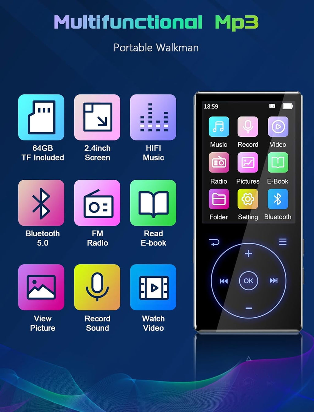 128GB MP3 Player with Bluetooth 5.0: Portable Lossless Sound Music Player with HD Speaker 2.4 Screen Voice Recorder FM Radio Touch Buttons 64G Storage+Support up to 64GB for Running Walking