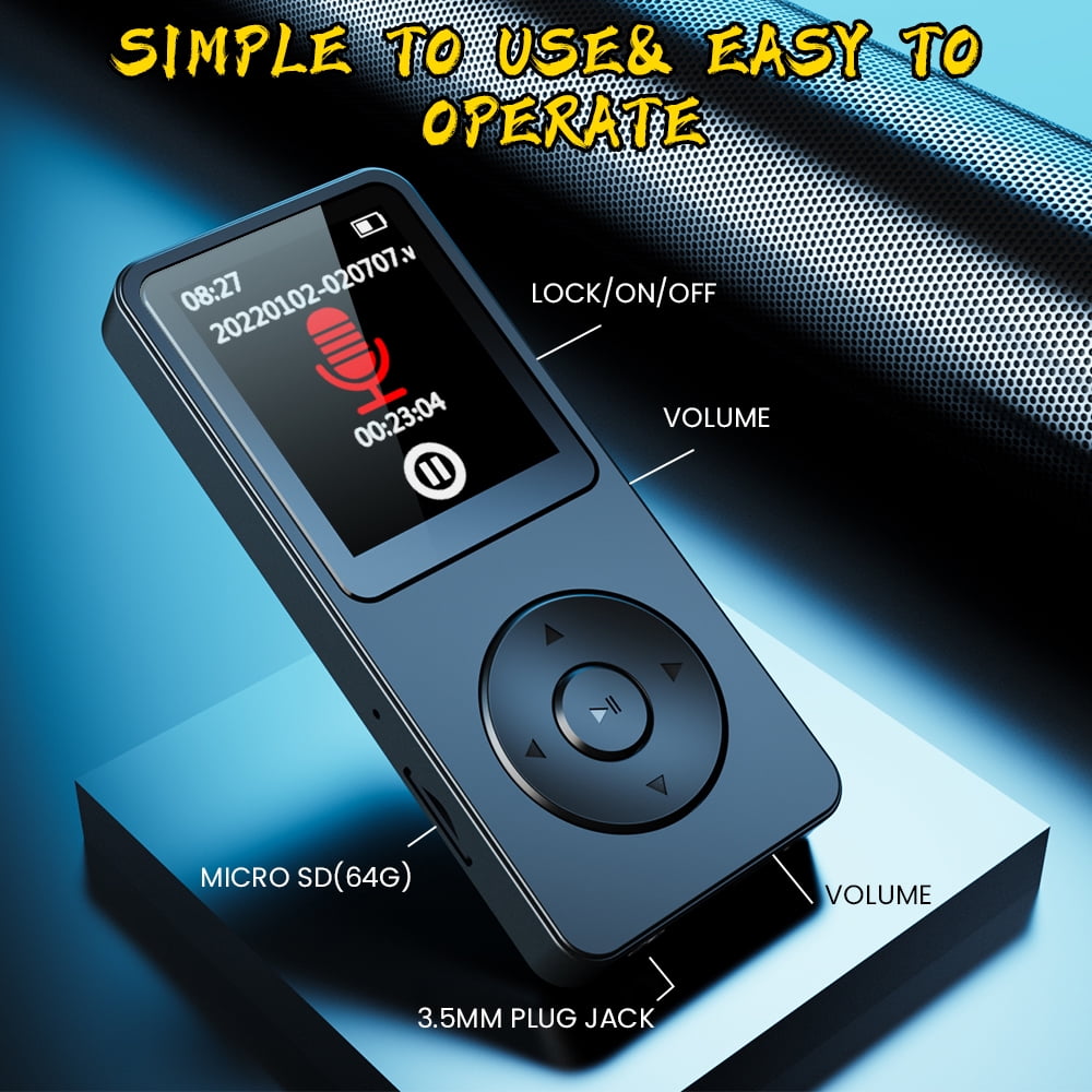 Upgrade MP3 Player with Bluetooth and 32GB Hi-Fi Music Player with Built-in Speaker Earphones Voice-Activated Recording MP3 Players with FM/E-Book/Video Supports up to 128GB for Kids Running Walking