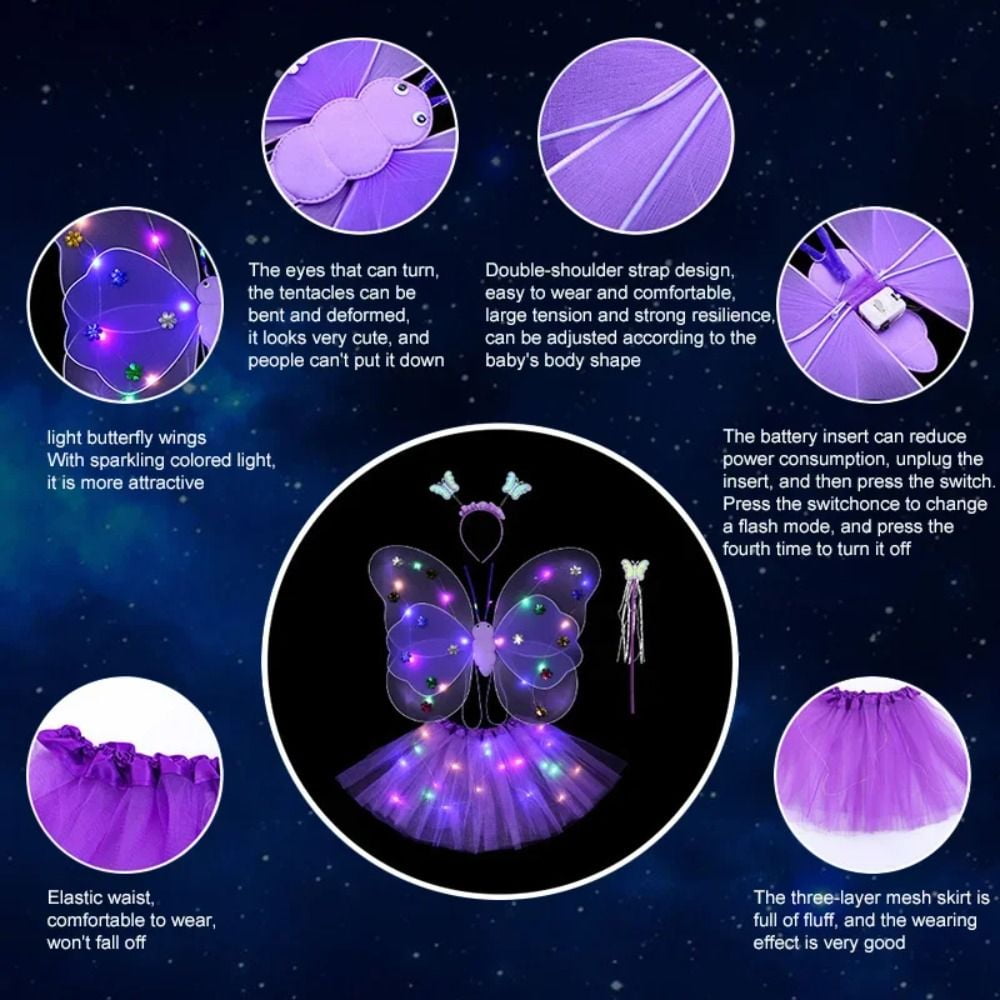 LED Children Costume Prop for Halloween Christmas Fairy Princess Kids Costume Sets Butterfly Wings Wand Headband Tutu Skirt New Year Gifts for 3 4 5 6 7 8 Years Old Girls Red with Light