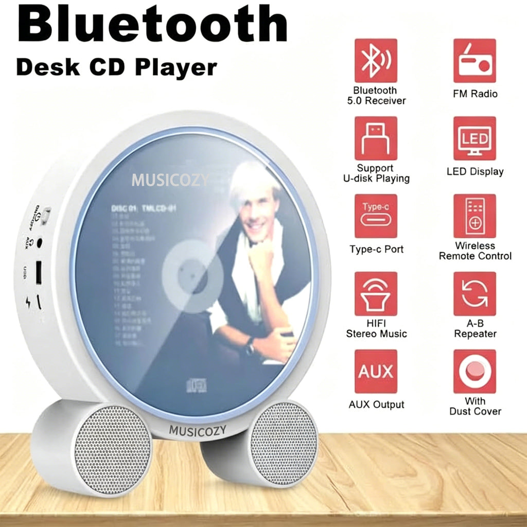 Portable Vertical CD Player with Bluetooth for Home with LCD Screen Wireless Audio CD Player with Remote Control Rechargeable Battery Built in HiFi Speakers Support Timed Music ON/Off FM USB SD