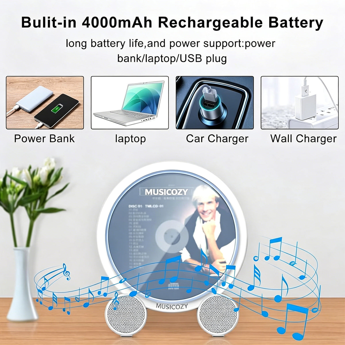Portable Vertical CD Player with Bluetooth for Home with LCD Screen Wireless Audio CD Player with Remote Control Rechargeable Battery Built in HiFi Speakers Support Timed Music ON/Off FM USB SD