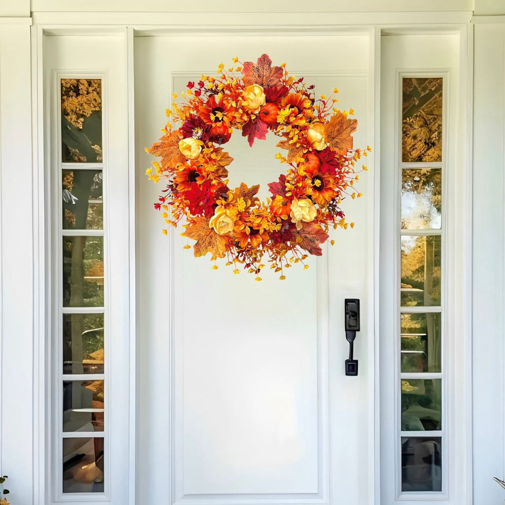 Fall Wreath Thanksgiving Decorations - 18inch Fall Wreath with Pumpkin Maple Leaf for Front Door - Autumn Wreath Artificial Wreaths with Flower for Thanksgiving Halloween Harvest Festival Home Decor