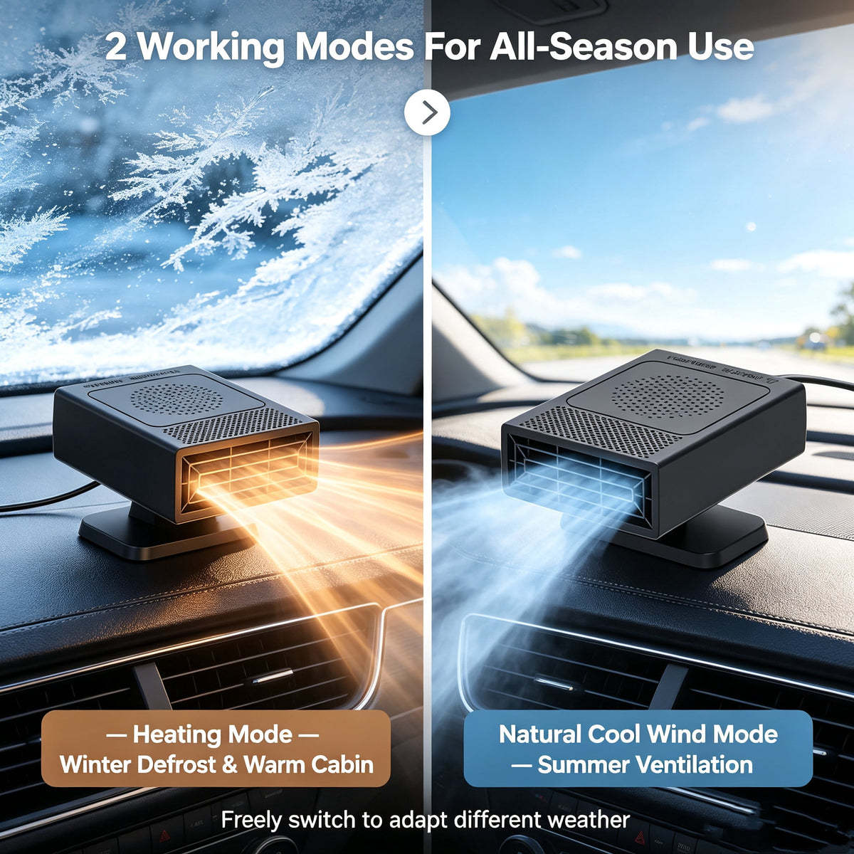 Portable Car Heater 12V Cool&Warm Dual‑Use Car Heater Defroster Fast Heat Windshield Defog Defrost 2 Heat Modes Dual Suction&Adhesive Mount Base 360° Rotatable Auto Space Heater for Winter Defrost