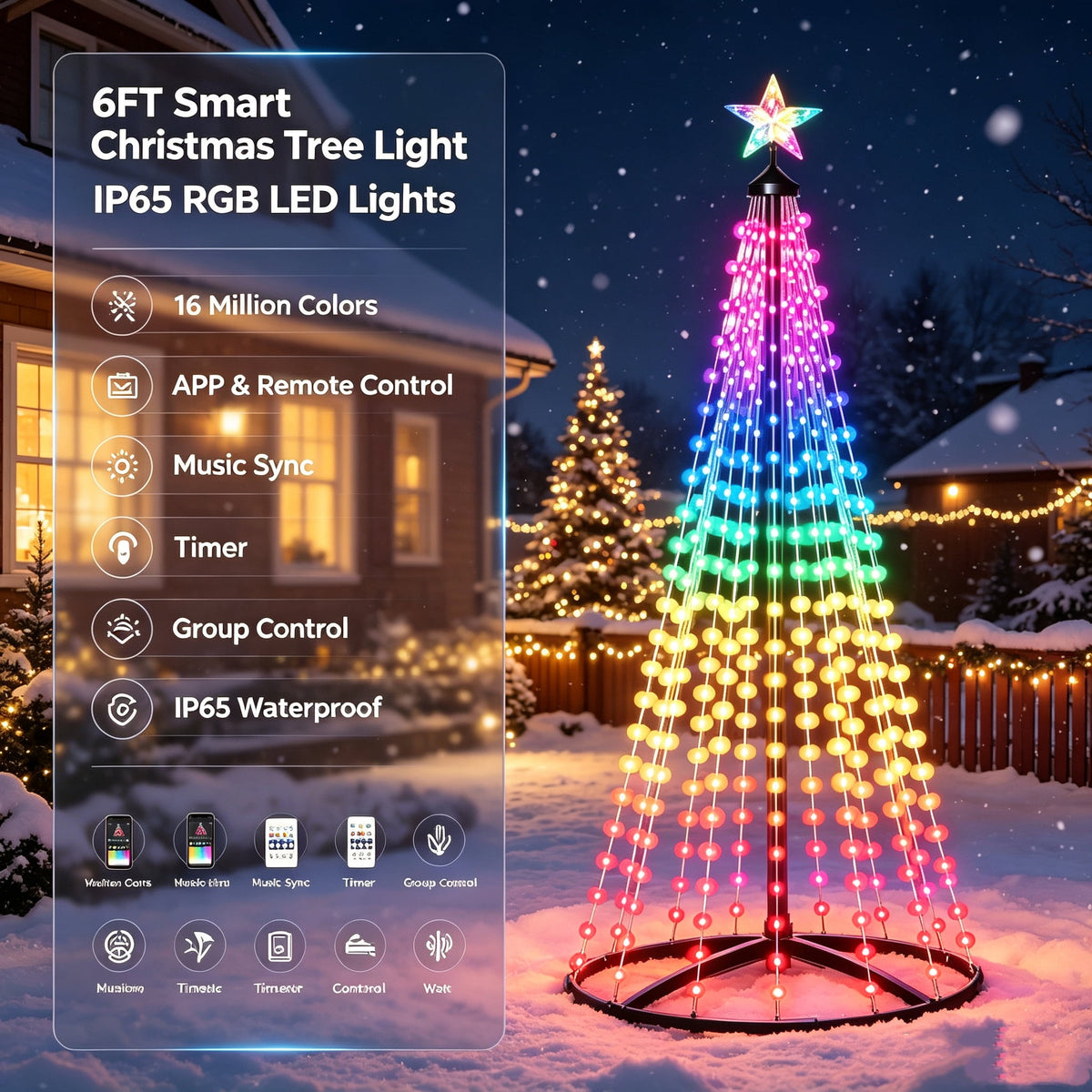 5FT Smart Christmas Tree Light IP65 RGB Christmas LED Lights 16 Mil Color Changing APP & Remote Control Music Sync Timer Group Control String Lights Xmas Decor Patio Beach Pool Cruise Party Gift