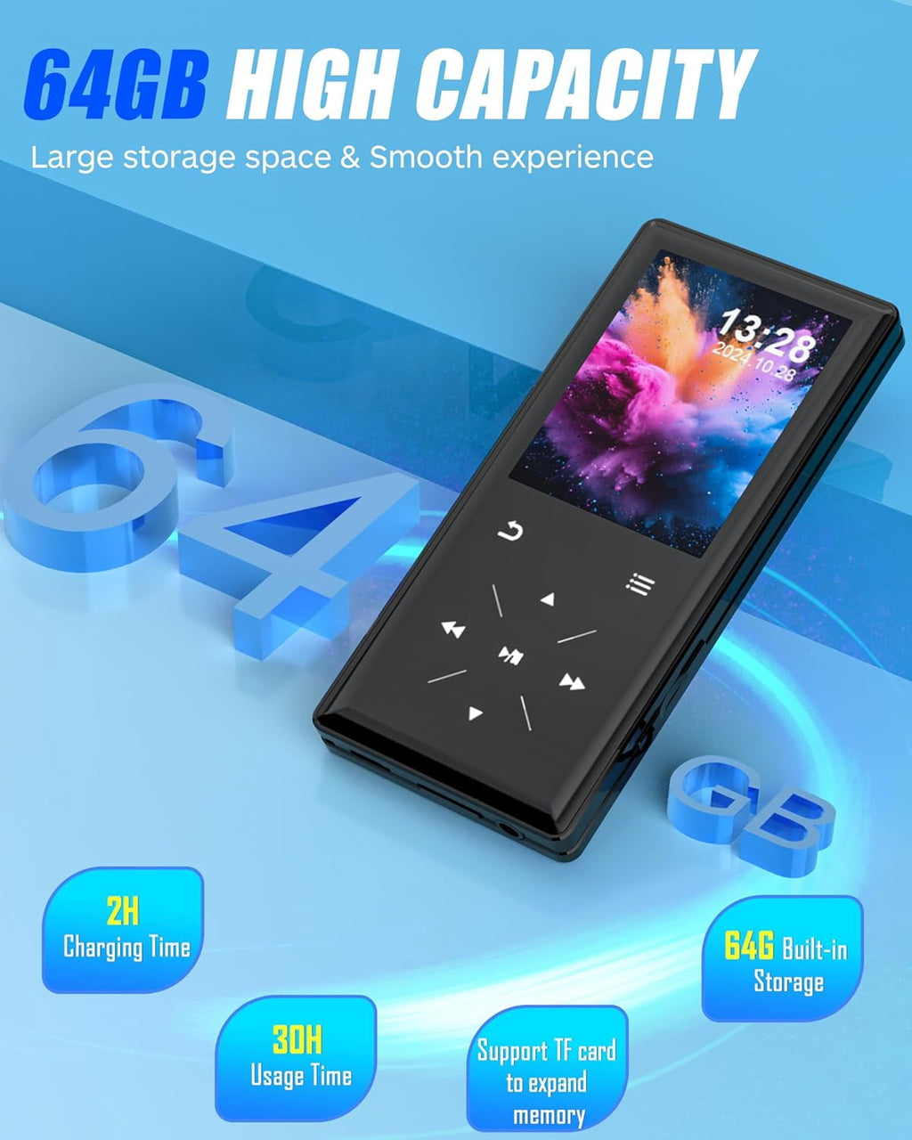 128GB Bluetooth MP3 Player - 2.4 Screen Portable HiFi Mp3 MP4 Player with Built-in Speaker Walkmen Music Player with Voice Recorder FM Radio Touch Buttons Study Player Support up to 256GB SD Card