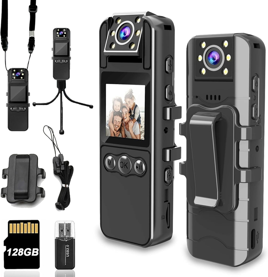 Body Camera with Audio and Video Recording HD 1080P Body Cam with 180° Rotating Lens 6HR Battery IR Cut Auto Night Vision 128GB Body Worn Camcorder for Personal Civilians Police Law Enforcement