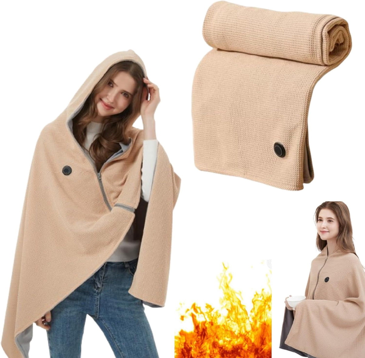Heated Shawl Wrap Portable Electric Heated Shawl Fast Heating USB Blanket Shawl with 3 Heating Levels Soft Zipper Hooded Blanket Shawls for Women Men Home Outdoor Office Use Gifts (No power bank)