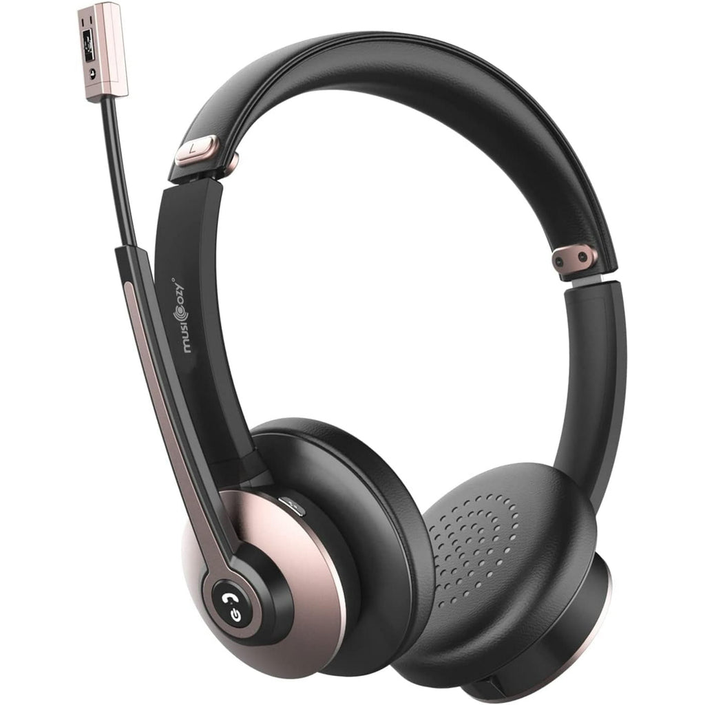 MUSICOZY Bluetooth Headset with Microphone Wireless Headphones with Noise Cancelling Mic 26hrs talktime On Ear Headphones with Mic Mute for Mac/Laptop/Zoom/Teams/Call Center/Office/Home Rose Gold