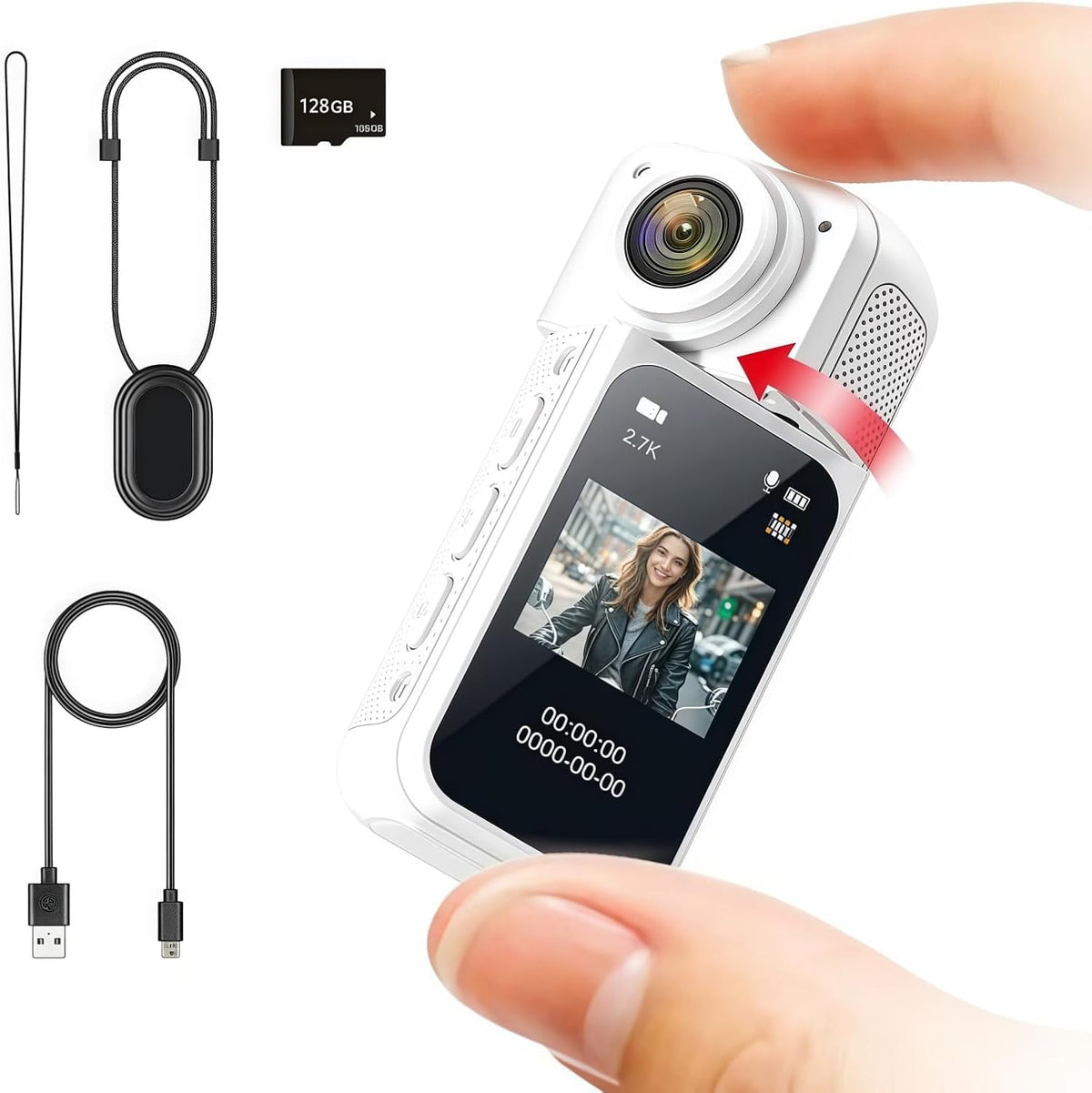 128GB FHD 1080P Mini Rotate Body Camera Wearable Action Body Cam Thumb Size Hands Free Recording Body Worn Camera Portable Camcorder Mount Anywhere for Work Travel Sport Pet Walking (White)