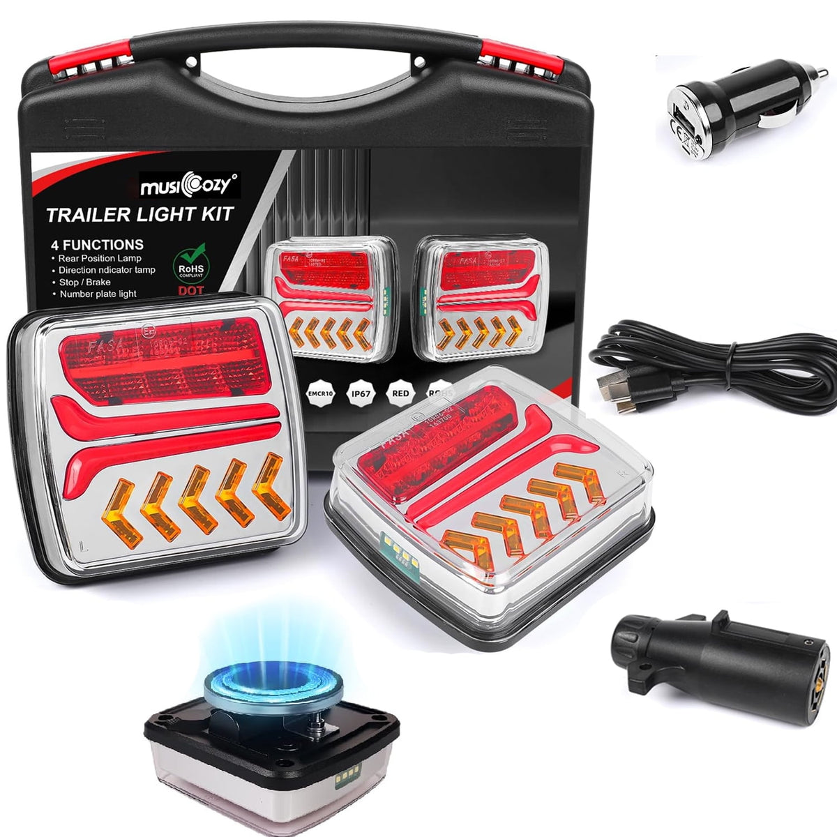 Magnetic Wireless Tail Lights Kit for Trailer,Led Trailer Rear Lights,12-24V LED Tow Lights Kit with Turn Signals,Rechargeable Towing Light with Powerful Suction Base for Trucks,Boat,RV,Vehicle