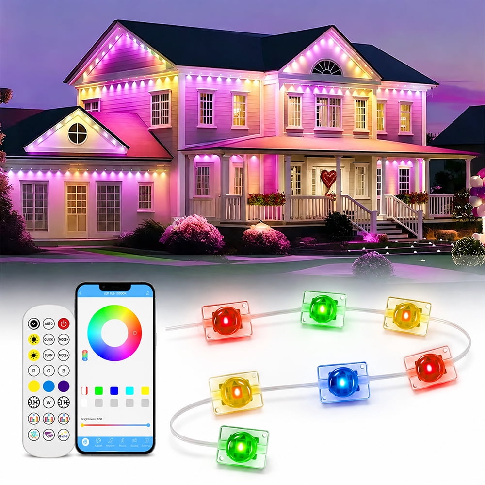 Permanent Outdoor Lights 197ft Smart RGBW Outdoor Eaves String Light with 72 LED Lights 16 Million Colors APP/Remote Control IP67 Waterproof Roof Lights for Holiday Halloween Christmas Party Decor