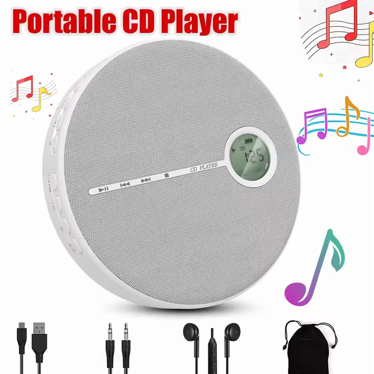 MUSICOZY Portable CD Player with Bluetooth Fabric Anti-Skip CD Player with Headphones & Dual Stereo Speakers Rechargeable A-B Repeat Player CD Speaker for Home/Travel Support CD MP3 USB AUX Input